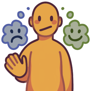 a person with a flat expression waving to the viewer. Two thought bubbles are next to their head, one with a blue sad face and the other with a green happy face. The colors in each are muted, to show muted emotions. 